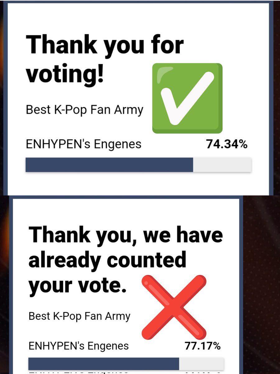 [BBMAs - 2024 FAN FAVORITE]

ENGENEs! Voting on the BBMAs Fan Favorite is UNLIMITED, but make sure to check your votes! The notification should say, "Thank you for voting!" and not "Thank you, we have already counted your vote" for your votes to be counted.

If this appears, use