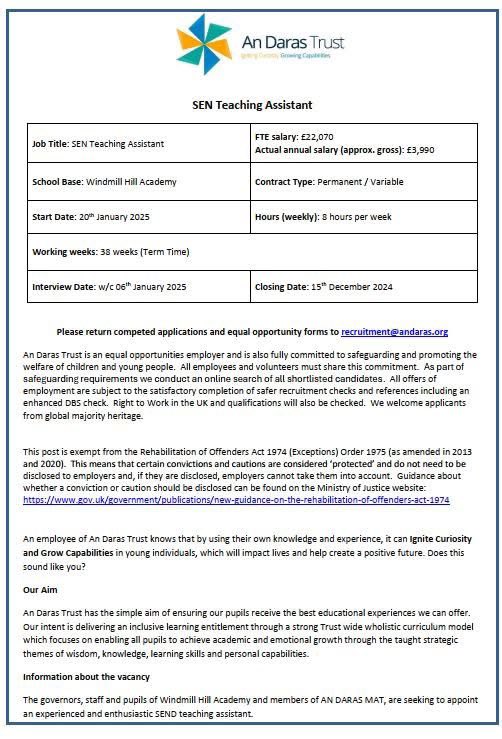 ADMAT_WHA's tweet photo. An exciting job vacancy here at Windmill Hill Academy...

See attached job advert for more information. In addition, a full job description and application information can be found on the An Daras website: https://t.co/8EPTtGWvuq https://t.co/0NNcLr6HM2