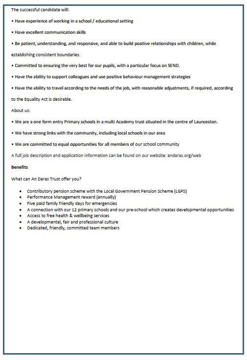 An exciting job vacancy here at Windmill Hill Academy...

See attached job advert for more information. In addition, a full job description and application information can be found on the An Daras website: andaras.org/web