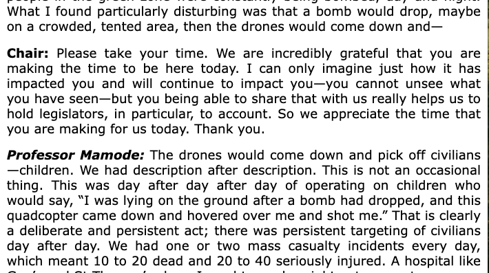 Extremely disturbing first-hand testimony to Parliament from a retired NHS surgeon who spent Aug-Sep in Gaza. "The drones would come down and pick off civilians—children. We had description after description. This is not an occasional thing." committees.parliament.uk/oralevidence/1…