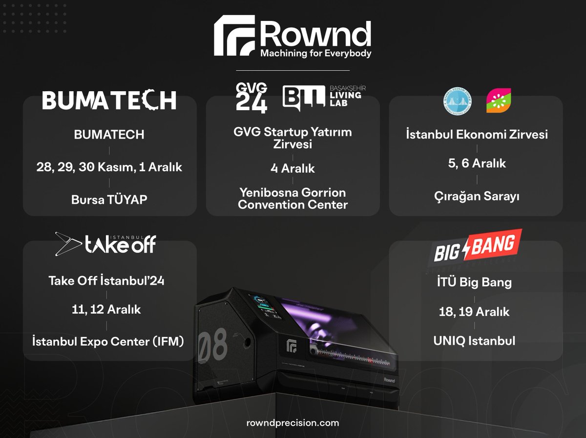 ✨ Rownd Precision ile üretimde yeni bir döneme hazır olun!
Kasım ve Aralık ayındaki etkinliklerimizde yenilikçi CNC çözümlerimizi tanıtıyor, üretim teknolojilerinin geleceğini birlikte keşfediyoruz.🚀
Bu yolculukta bizi destekleyen herkese sonsuz teşekkürler. Görüşmek üzere!