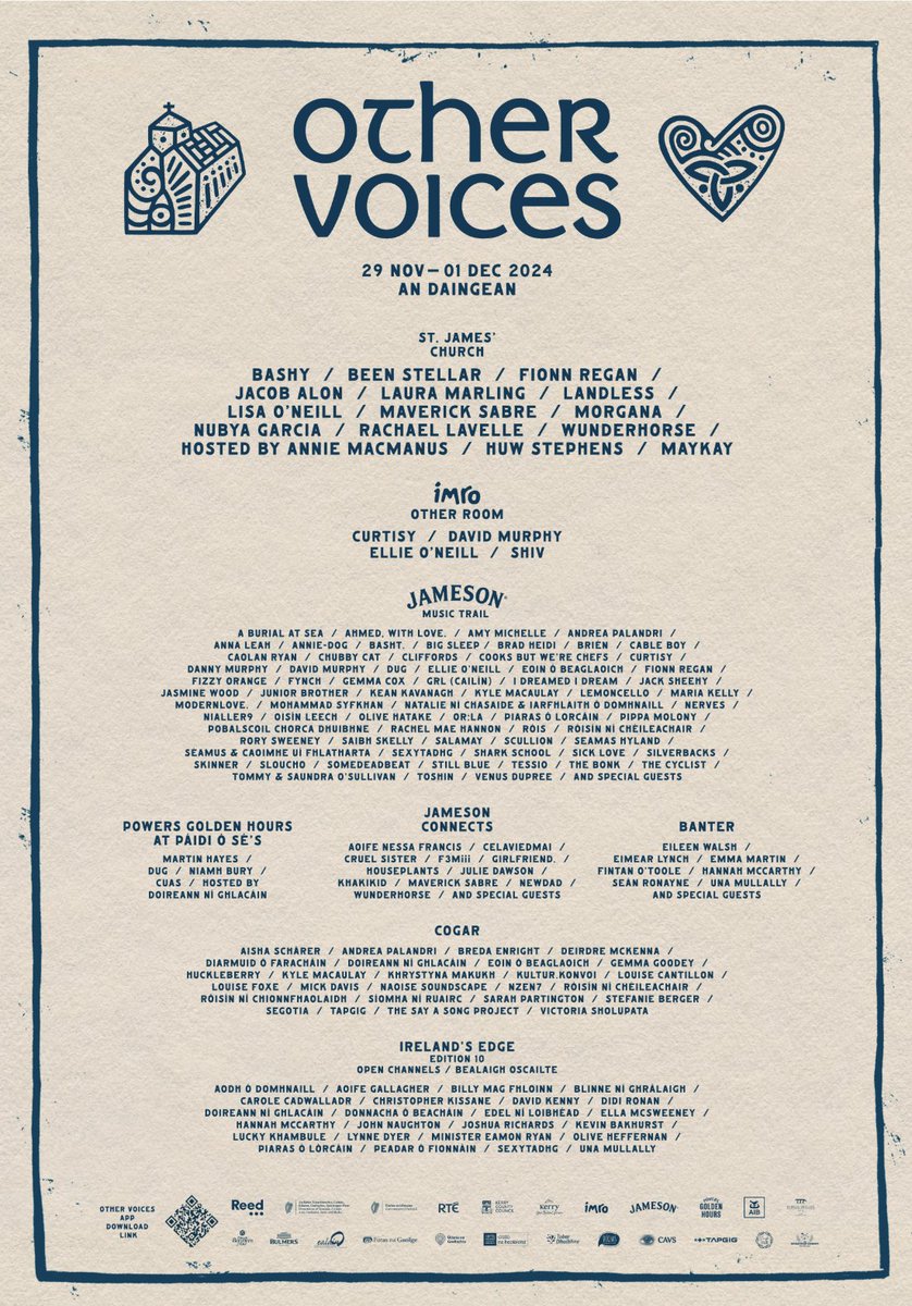 We're just about ready to welcome you all to Dingle for a weekend of music, stories and magic ✨

With our Church and IMRO Other Room acts live-streamed worldwide, 100+ performances on the Music Trail, Ireland's Edge, Banter, Cogar and much much more, you're sure to be in for a