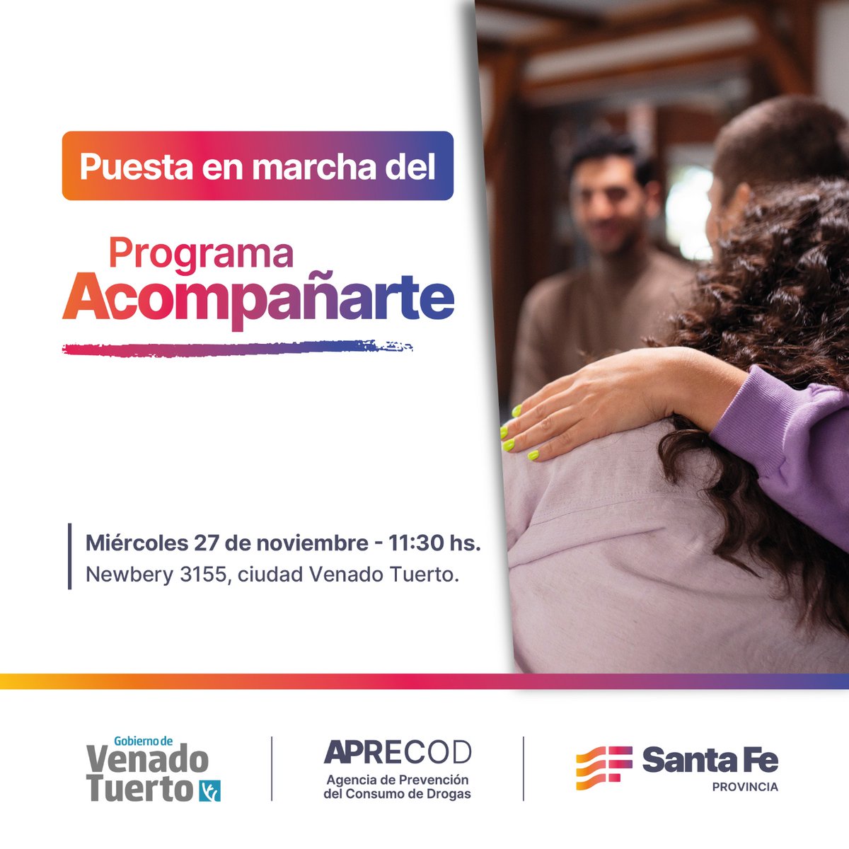 Puesta en marcha del Programa Acompañarte en Venado Tuerto.

Consiste en un aporte de APRECOD de más de 65 millones para el funcionamiento de los primeros 5 meses de un Dispositivo Regional de Atención “Centro de Día” con modalidad ambulatoria y de jornada completa. 
<a href="/maxipullaro/">Maximiliano Pullaro</a>