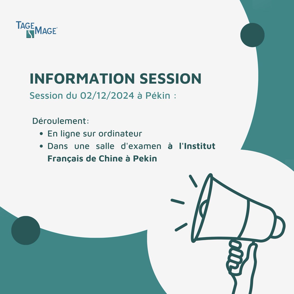 Information session 🔔

La session du 2 décembre (Pékin) aura lieu en ligne sur ordinateur 💻
Dans une salle d'examen à l'Institut Français de Chine 🇨🇳

Plus d'informations en ligne : buff.ly/3ZtwEPK