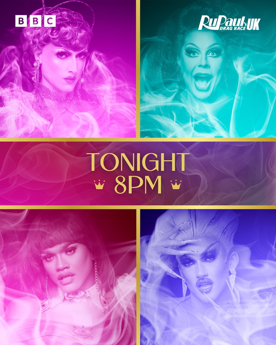dragraceukbbc's tweet photo. Four fierce queens. One crown. Who’s taking it? 👑  Don’t miss the GRAND FINALE of #DragRaceUK TONIGHT, 8PM on #iPlayer 🇬🇧  

Back your queens with #TeamKyran 🗑️ #TeamLaVoix 🎤 #TeamMarmalade 🍯 #TeamRileasa 🏝️ https://t.co/ulAQDMmz2n