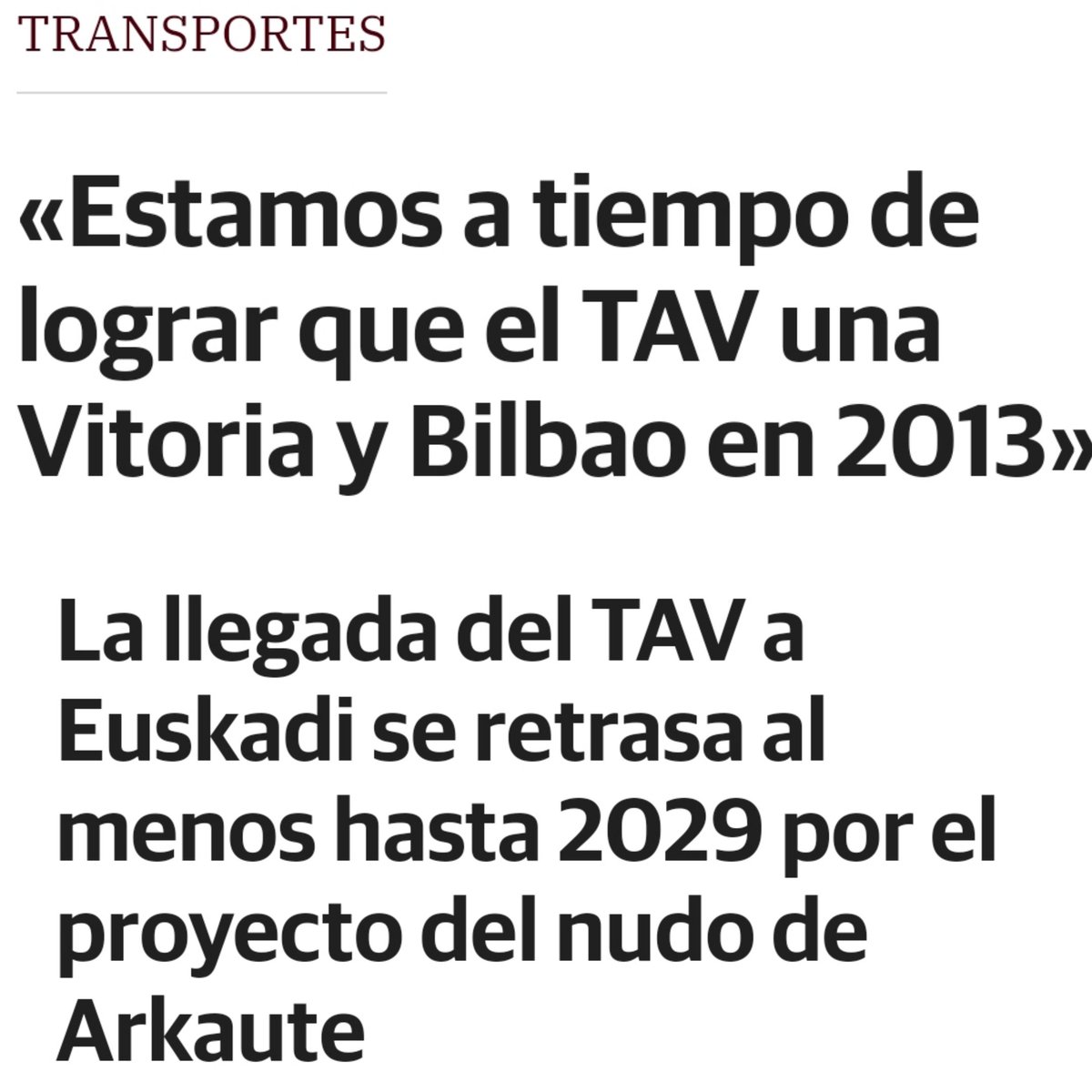✔️En 2010 nos dijeron que parte del TAV estaría para el 2013

✔️Ayer, 14 años después, nos dicen que se retrasa hasta el 2029

✔️No es una broma de mal gusto, es la incapacidad de gestiónar la obra pública que mas dinero nos ha costado nunca

✔️¿Las constructoras? Bien gracias..