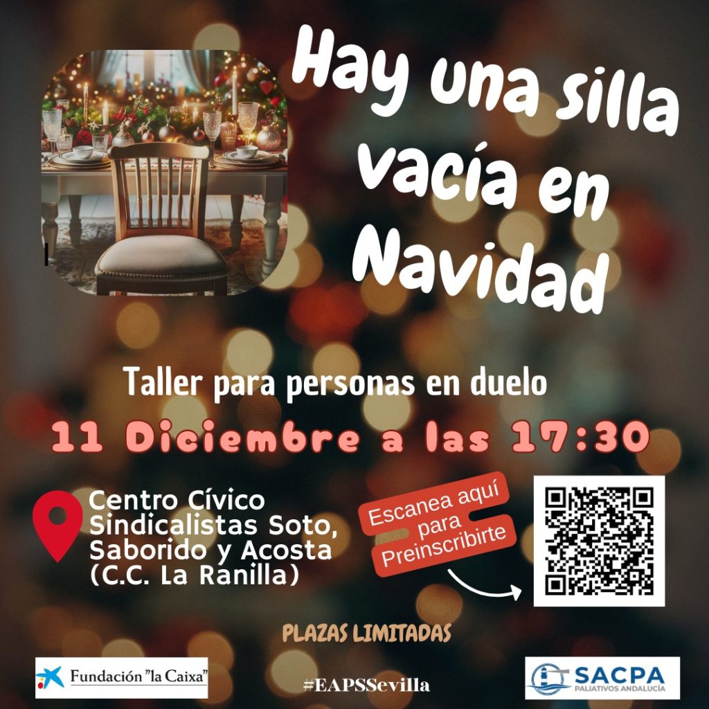 🎄«Hay una silla vacía en #Navidad: Taller para personas en #duelo»
Las Navidades son fechas alegres, de reencuentros, pero para quienes han sufrido la pérdida de un ser querido, es una época muy difícil
📅11 diciembre
🕠17:30 h
📍Sevilla
🤝EAPS <a href="/c_tzona/">c_tzona x♦️</a>
✍️…iedadandaluzadecuidadospaliativos.com/tallerduelonav…