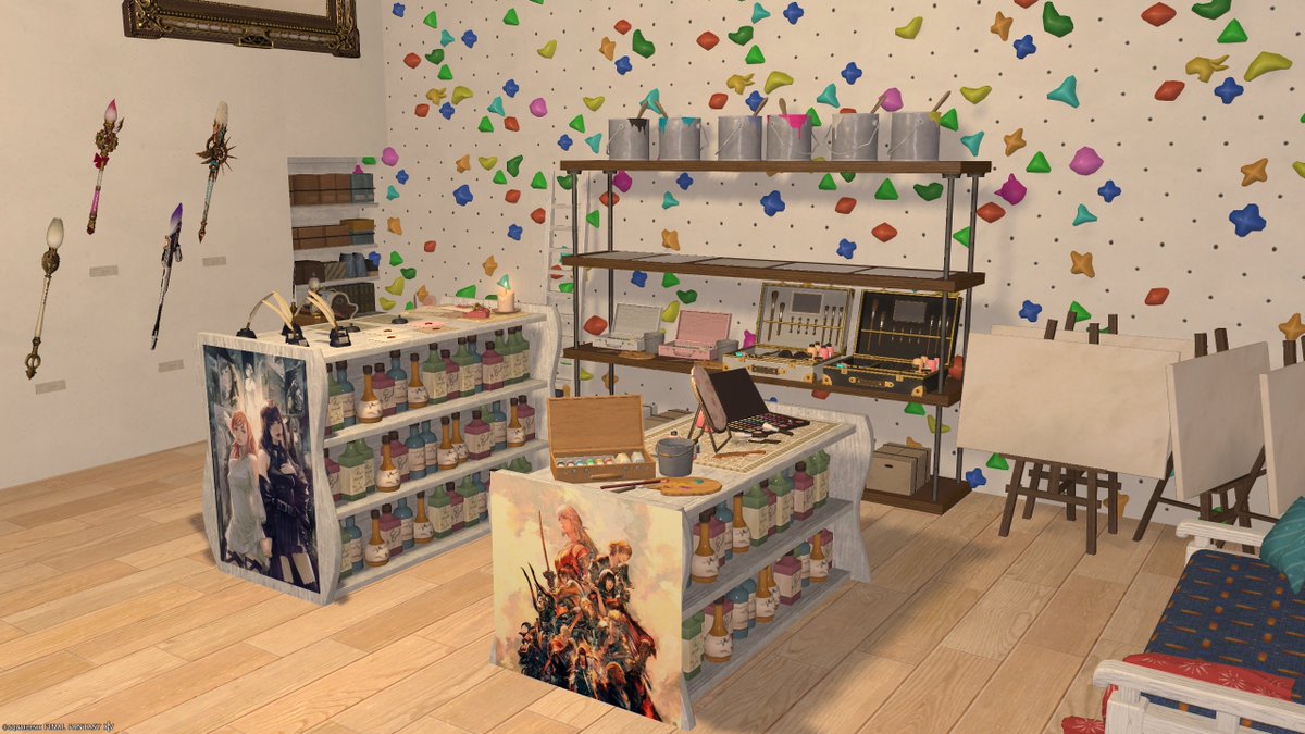 Gris_FF14's tweet photo. #ハウジング行ってもいいですか
・テーマ：ピクトマンサー専門店
・ハウジングの名前：Picto
・所有者のFC名：Pct
・所在地：Carbuncle ミストヴィレッジ 第8区 21番地
・アピールポイント：ピクトマンサー達が通う画材屋さんをイメージして作りました。 https://t.co/EzgH3jZjrl