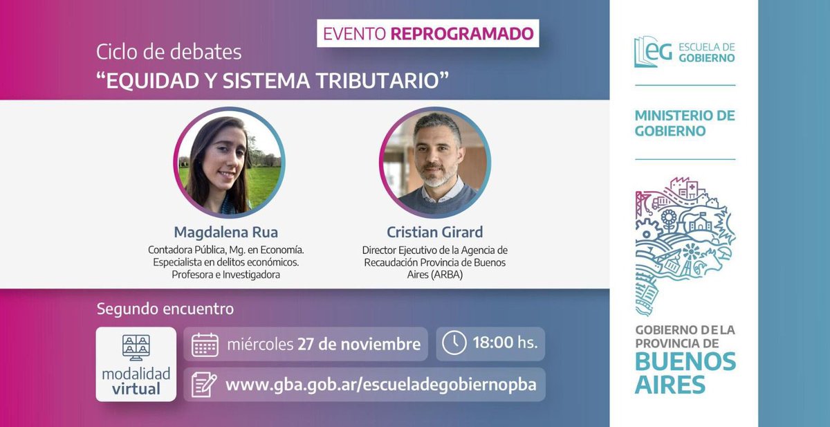 Hoy tendremos un nuevo encuentro del ciclo de debates de la Escuela de Gobierno. 

La temática será “Equidad y Sistema Tributario” y estará acompañándome Magdalena Rua, Mgr. en economía y especialista en delitos económicos.

La cita es a las 18 horas, con modalidad virtual y la