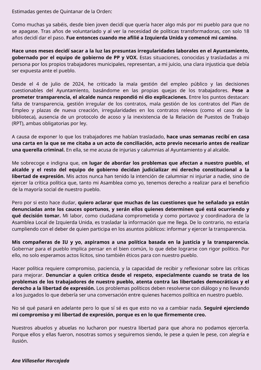 Lamentablemente, me encuentro escribiendo esta carta.

🔴 Recibí una citación para un acto de conciliación por una acusación de injurias y calumnias al ayuntamiento y alcalde (gobierno del PP y VOX).

Los problemas políticos no se resuelven en los juzgados. 

#QuintanarDeLaOrden