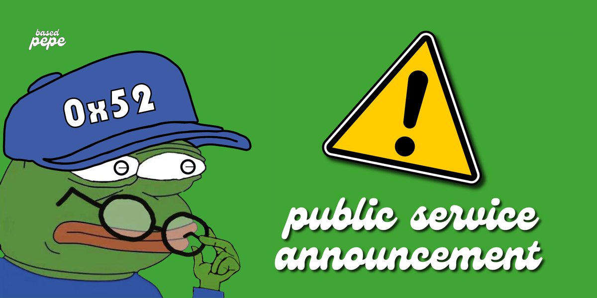 ⚠️Based $PEPE PSA: we have NO SECONDARY ACCOUNTS on X/Twitter, Telegram, Farcaster or elsewhere. We have ONE official main account, and that's it: <a href="/0x52BasedPepe/">Based Pepe 🧢🐸</a>. 🧢🐸☝️

⚠️ Anyone claiming to be "Support" or "Admin" is scamming you. 

⚠️ We NEVER DM you about rewards, airdrops,