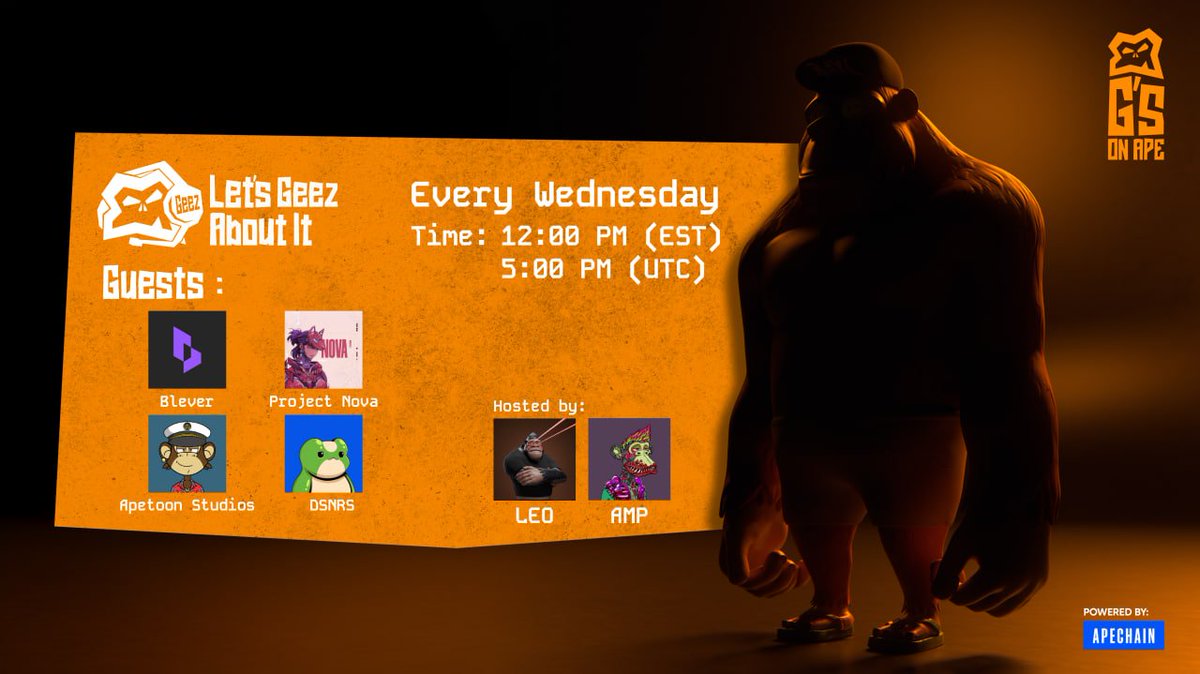 GeezOnApe's tweet photo. Let's Geez About it
GeEpisode 3 guests:
@bleverxyz 
@ProjectNovaHQ 
@designertoshiro 
@ApetoonStudios 

Time: 12:00 PM (EST)/5:00 PM (UTC) 
Hosted by: @iampapito_eth &amp; @LEOgnarCRO . 
Set your reminder👇 https://t.co/5z1Ec7myhv