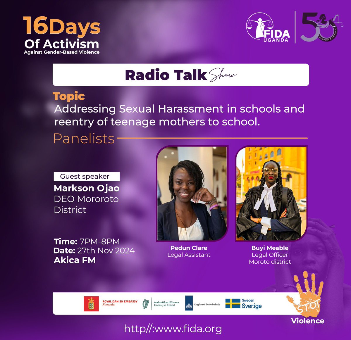 FIDA_Uganda's tweet photo. 📢 Tune in to @AkicaFm this evening from 7 PM to 8 PM for an engaging Radio Talk Show as part of the #16DaysOfActivism2024 Against Gender-Based Violence.

We’ll be discussing:
🔸 Addressing sexual harassment in schools
🔸 Reentry of teenage mothers to school

Meet the Speakers:
🎙️ Guest Speaker: Markson Ojao (DEO, Moroto District)
🎙️ Panelists: @clare_pedun (Legal Assistant), @BuyiMeable (Legal Officer, Moroto District)

Let’s come together to advocate for safer schools and empower teenage mothers to access education! Supported by @DKinUganda, @SwedeninUG, @NLinUganda and @IrlEmbUganda.