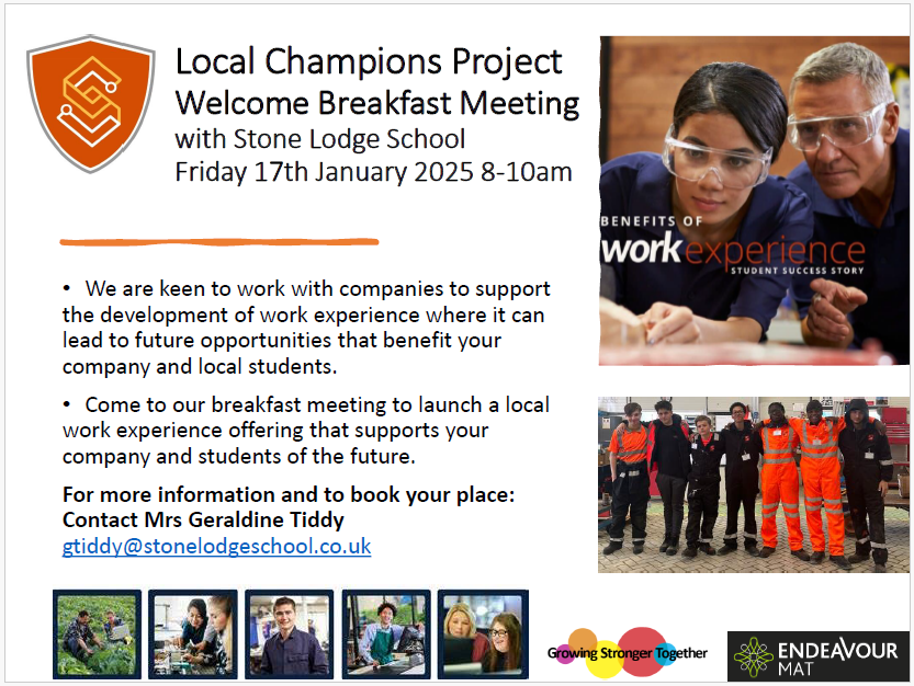 Calling all local businesses.  Could you offer meaningful work experience opportunities to local young people?  Come along to our Breakfast Meeting 17th Jan &amp; support your local community.  For more info &amp; to book contact Mrs Tiddy
GTiddy@stonelodgeschool.co.uk #makingadifference