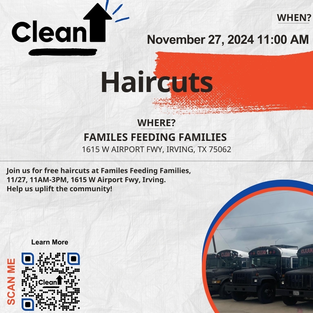 Free haircuts @ Familes Feeding Families Event! 
Nov 27, 11AM-3PM, 1615 W Airport Fwy, Irving. Start fresh with us!  cleanupusa.org/upcoming-events
#CleanUPUSA #HaircutEvent
