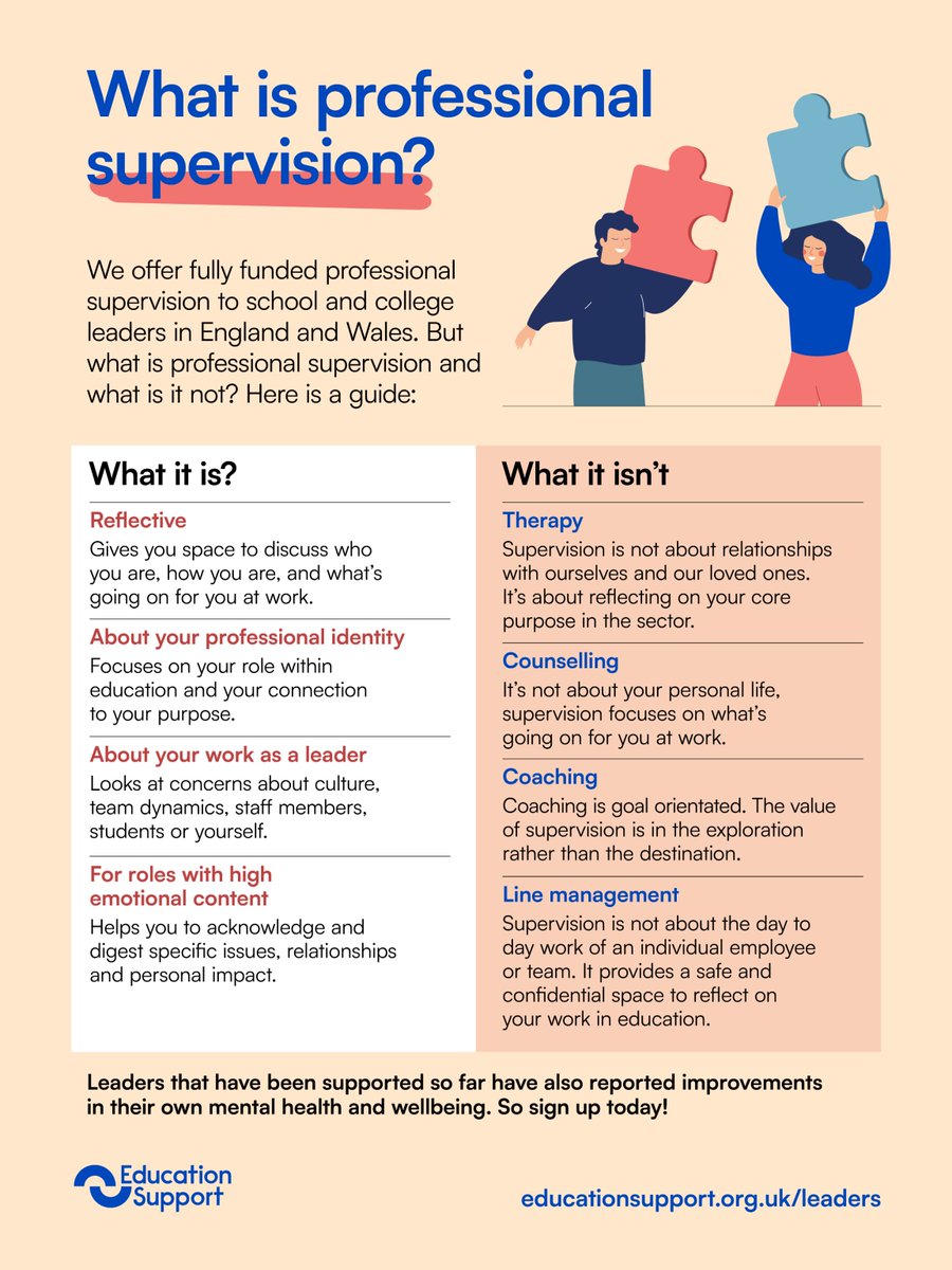 Calling all school leaders and managers in Wales! 

Have you heard of professional supervision? Learn more about this funded service designed just for you, below. 

Don’t miss out - sign up today, at no cost to you: ow.ly/YOSV50UeUMn

#TeachinginWales