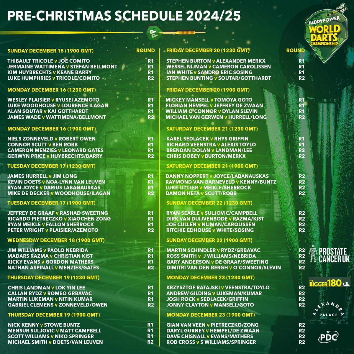 PDC Darts (@officialpdc) on Twitter photo The moment you have all been waiting for... ๐
Here's the Pre-Christmas Schedule for the 2024/25 <a href="/paddypower/">Paddy Power</a> World Darts Championship, starting December 15.
๐ bit.ly/25WCSchedule The moment you have all been waiting for... ๐
Here's the Pre-Christmas Schedule for the 2024/25 <a href="/paddypower/">Paddy Power</a> World Darts Championship, starting December 15.
๐ bit.ly/25WCSchedule