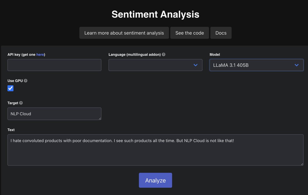 cloud_nlp's tweet image. We have considerably improved our sentiment analysis API.
From now on you can use advanced models like LLaMA 405B for sentiment and emotion analysis, and specify which target the analysis should apply to (a person, a company, a concept...)! 
Try it here: nlpcloud.com/home/playgroun…