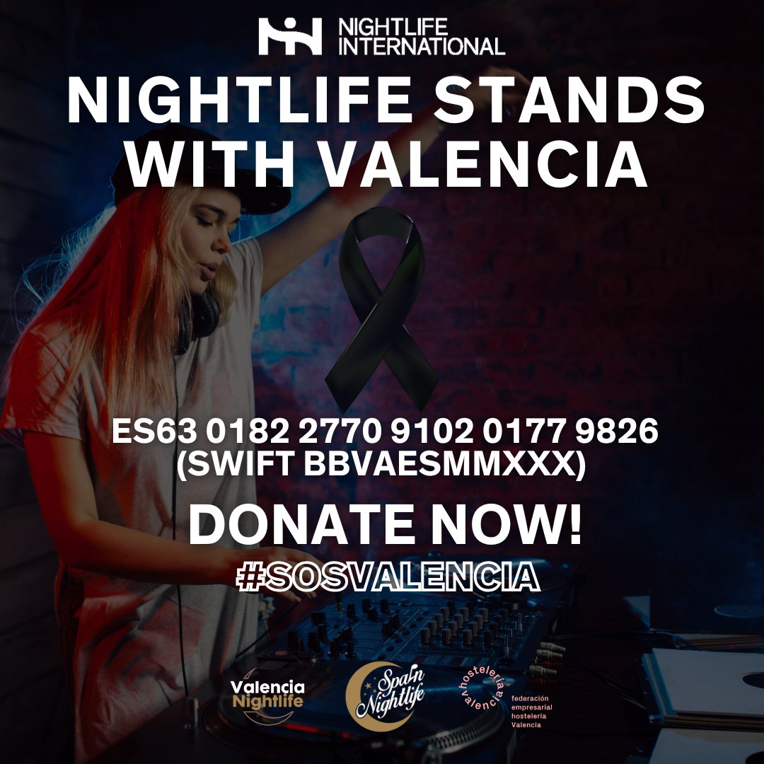 🌟 NIGHTLIFE STANDS WITH VALENCIA 🌟
Nightlife stands together to support Valencia! 💔

🎧 Donate now:
IBAN: ES63 0182 2770 9102 0177 9826
SWIFT: BBVAESMMXXX

Every contribution makes a difference! 🖤 #SOSValencia #NightlifeInternational #NightlifeStandsWithValencia