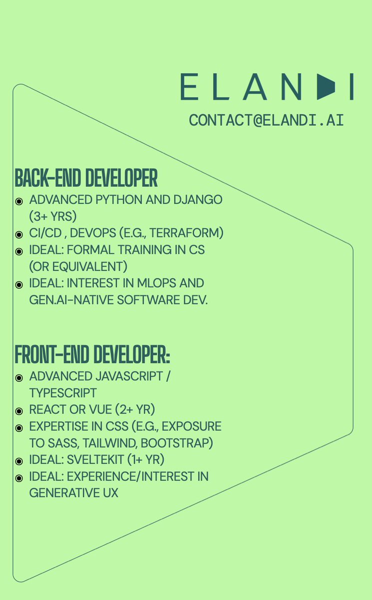 rezakhorshidi's tweet photo. 1/4
We are looking to hire two junior engineers/developers (say, 0-4 years after their graduation) at @ElandiAI . 
[Please help share with your network] https://t.co/zeCMMIn79S