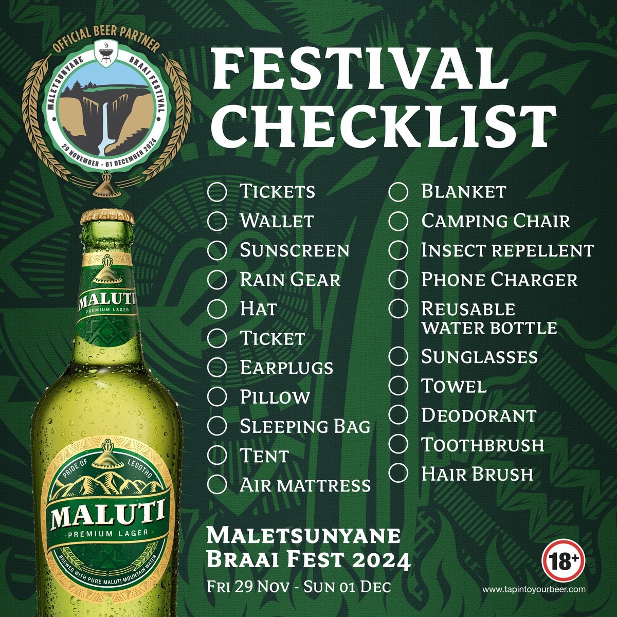 ✅✅🥩The Maletsunyane Braai Fest is ON this weekend! Just enough time to make sure you’ve packed everything you’ll  need. See you there! #PureBasothoHeart #Maletsunyane  #ResponsibleTogether