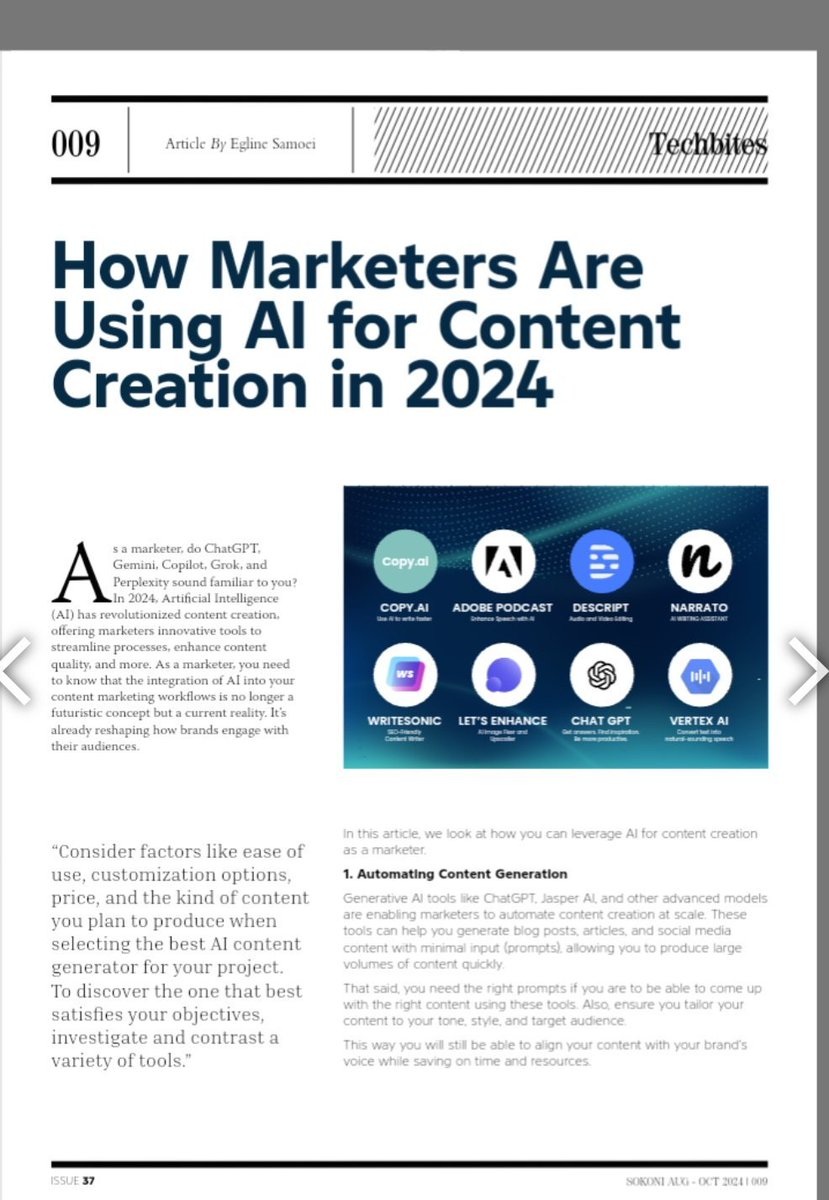 Egline_Samoei's tweet photo. Heads up 🥳
My article "How Marketers are Using AI for Content Creation in 2024" made it to the Marketing Society of Kenya @msk_kenya Sokoni Magazine; Marketing Renaissance issue! https://t.co/o5mMeWGwDI