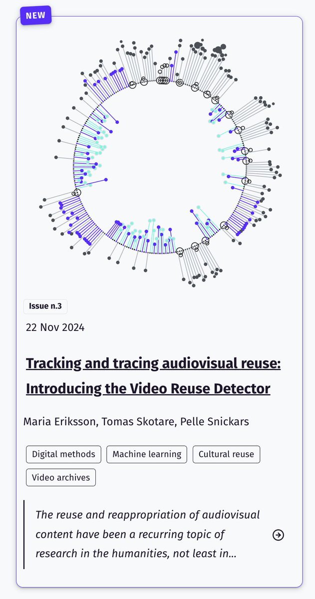 New article out in the Journal of Digital History on the reuse and reappropriation of audiovisual heritage – ”Tracking and tracing audiovisual reuse: Introducing the Video Reuse Detector" with Maria Eriksson &amp; Tomas Skotare. journalofdigitalhistory.org/en/article/BuW…