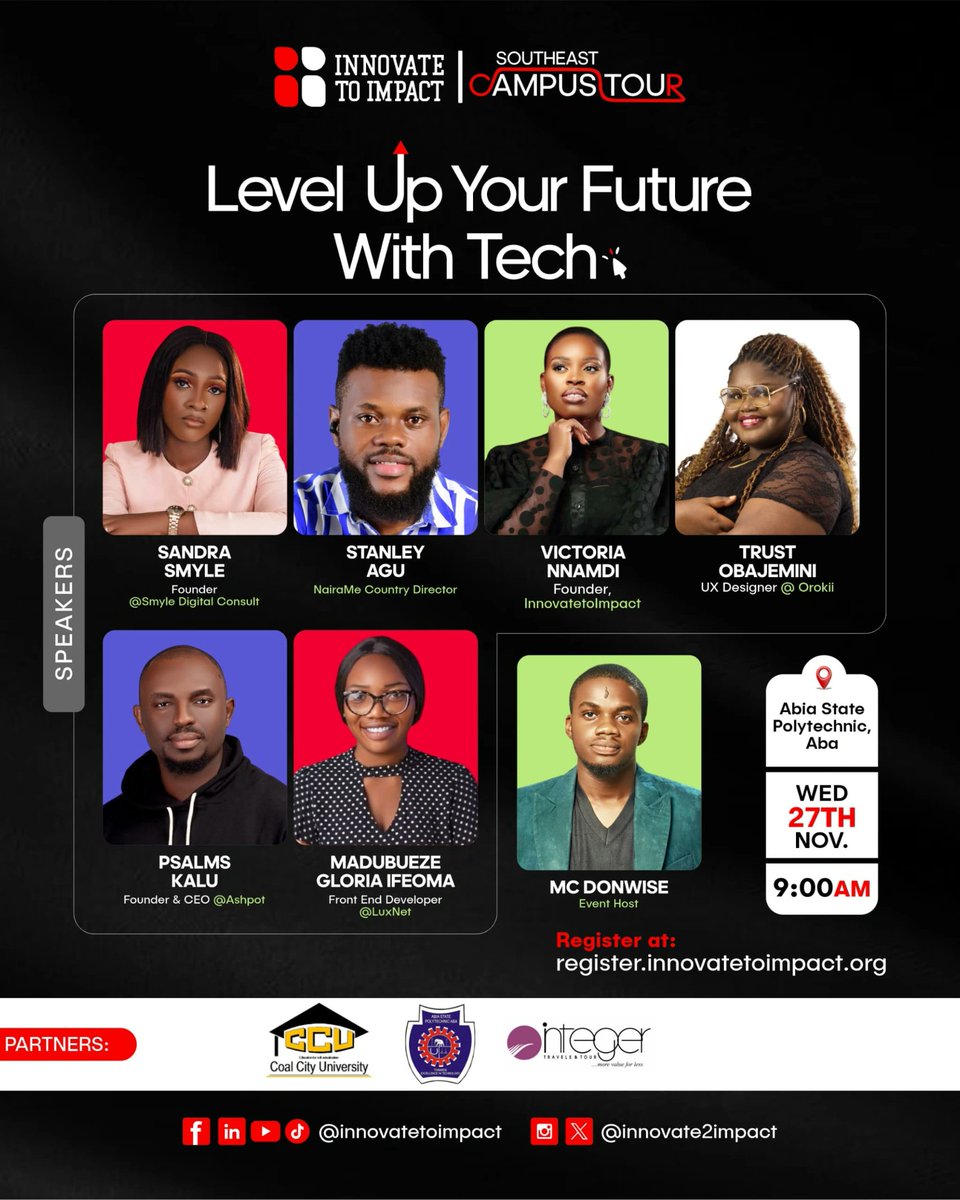 Innovate2Impact's tweet photo. All roads lead to Abia State Polytechnic!!!!
See you there!!!
#innovatetoimpact #levelupyourfuturewithtech https://t.co/LsZPn2Gc0Z