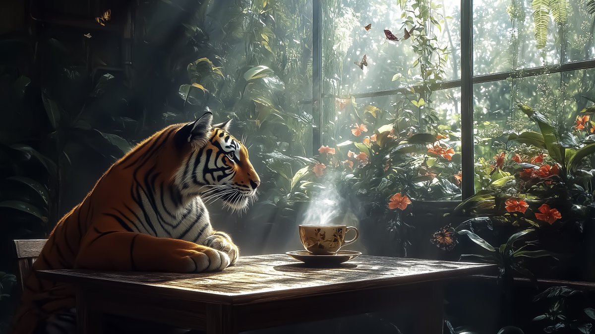 TYZU's tweet image. Tiger Tea Time
When life gives you coffee, don’t grumble like a sleepy tiger! Sip like a boss in a jungle of flora. ☕🌿 "I like my coffee like I like my mornings—fierce and ready to pounce!" What’s your morning brew? #coffee