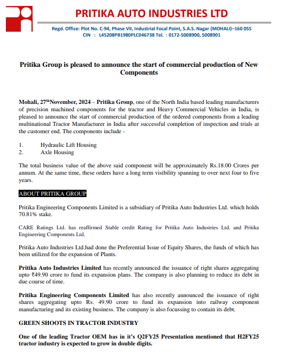 vluxeinvests's tweet photo. 🏗️ Pritika Group Begins Commercial Production of New Components
🔹Components: Hydraulic Lift Housing & Axle Housing
🔹Annual Value: ₹18 crore
🔹Client: Leading multinational tractor manufacturer in India
🔹Order Visibility: Spanning 4-5 years
#PritikaAuto #Manufacturing #Innovation #TractorComponents #GoldenJubilee