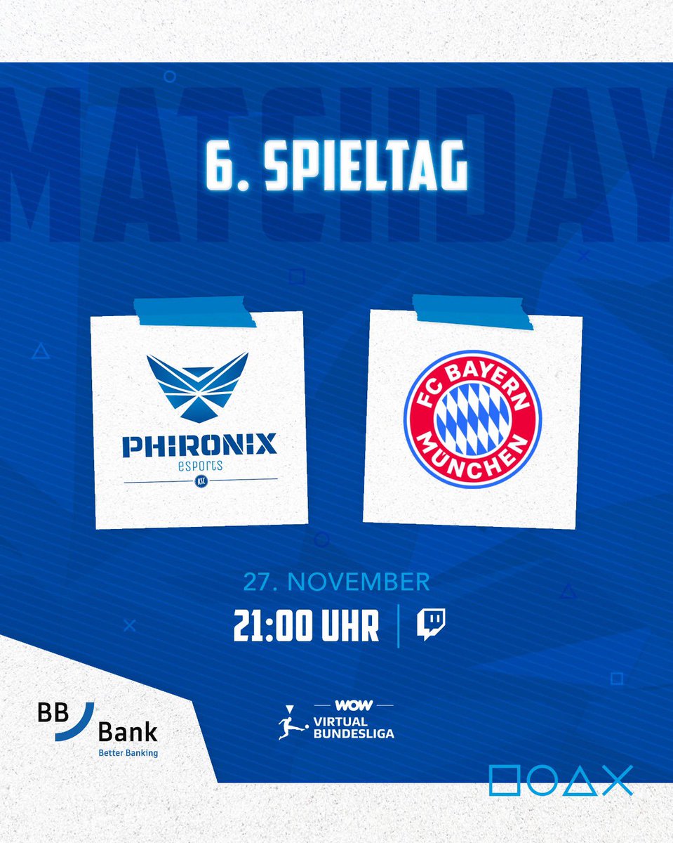 SPIELTAG 6️⃣ <a href="/vbl_official/">VBL | WOW VIRTUAL BUNDESLIGA</a> 
🆚 <a href="/fcbayernesports/">FC Bayern Esports</a> 🕖 21 Uhr

Heute wartet der nächste Kracher auf uns! Es geht gegen den aktuell noch ungeschlagenen Tabellenführer aus München. Supportet unsere Jungs im Stream 💙

🎥 twitch.tv/phironix_esport

#PHIRONIX #KSCmeineHeimat #VBLCC #VBL