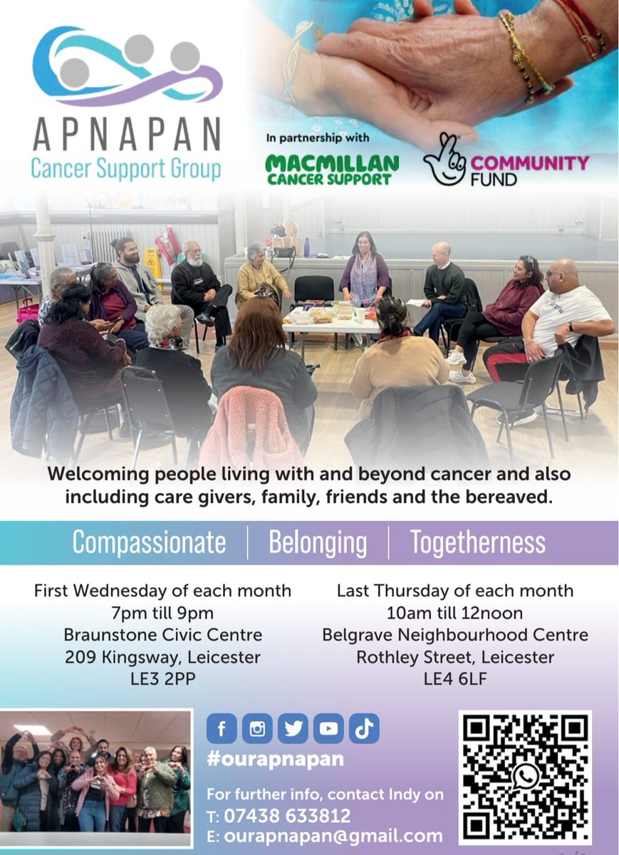 We have Apnapan Cancer Support Group tomorrow at Belgrave Neighbourhood Centre. It's our last meet up for 2024. There's no need to book, just turn up. Light refreshments available. Open to all impacted cancer. 

#ourapnapan 
#cancersupportleicester 
#leicester 
#Leicestershire