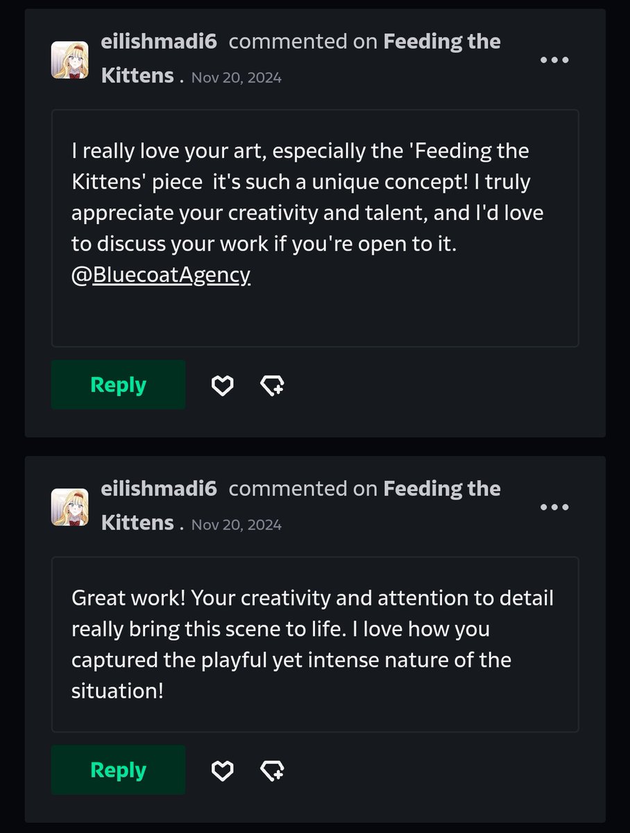 BluecoatAgency's tweet photo. While DeviantArt promote AI scams again, now we have b0ts making fake comments using AI to make it sounds as positive &amp; encouraging as possible, then asking you to discuss stuff in DMs.
B0ts or not, whoever is behind these can go eat a big deek 🤠 https://t.co/slW5fOb1ZW