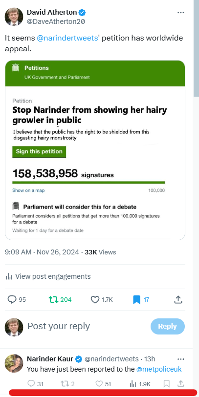 Scroll down &amp; <a href="/narindertweets/">Narinder Kaur</a> has reported my <a href="/X/">X</a> post to the police, she seems to have got her knickers in a twist. 

Fact check false, she isn't wearing any.