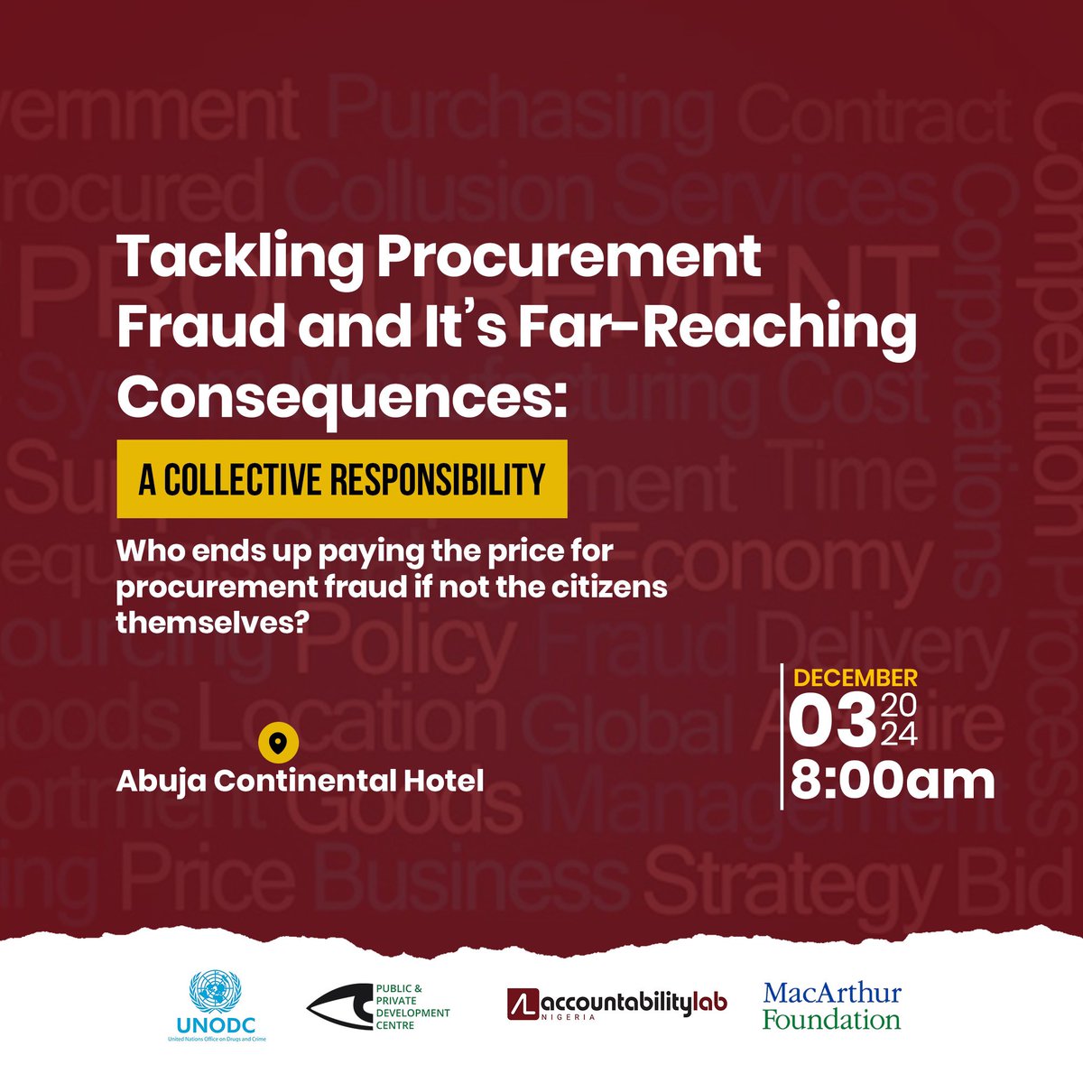 accountlabng's tweet photo. We are inviting #ResponsibleLeaders to contribute to addressing the unacceptable status quo in #PublicProcurement!

Corruption thrives when #PublicProcurement systems are broken & left unaddressed. #ProcurementFraud remains one of the greatest threats to I's development, diverting resources and eroding public trust.

#PublicProcurement can be fair & accountable - but only if leaders and citizens work together to incentivize #EthicalProcurement practices.

This High-Level Dialogue, in commemorating the 2024 #InternationalAntiCorruptionDay, is your chance to:
⁃Uncover barriers to #ProcurementReform;
⁃Adopt actionable strategies like Al in #OpenContracting, gender-responsive frameworks, and responsible business conduct;
⁃Lead a movement toward #Procurementintegrity.

Be the leader who drives #Accountability forward! Join us at this event to support reformers with practical solutions.

#AccountabilityMatters #AntiCorruption #IACD2024