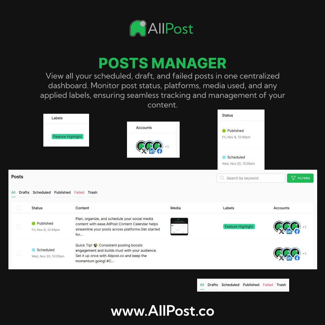 useAllPost's tweet image. Keep tabs on all your scheduled, draft, and failed posts from a single dashboard! Easily track post status, platforms, media, and labels for effortless content management and oversight.
🚀📊 #SocialMediaManagement #ContentTracking
