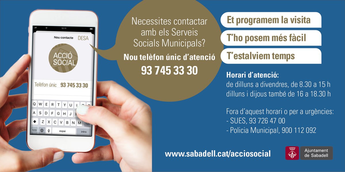 Aj_Sabadell's tweet photo. ☎️Número de telèfon únic d'atenció com a sistema unificat per contactar amb els Serveis Socials Municipals

📞 𝟵𝟯 𝟳𝟰𝟱 𝟯𝟯 𝟯𝟬

Horari d'atenció:
👉De dill. a div. de 8:30 a 15 h
👉Dilluns i dijous de 16 a 18:30 h

🌐https://t.co/vPlpJzyKpA

#ServeisSocialsMunicipals https://t.co/3VAN6drtLW