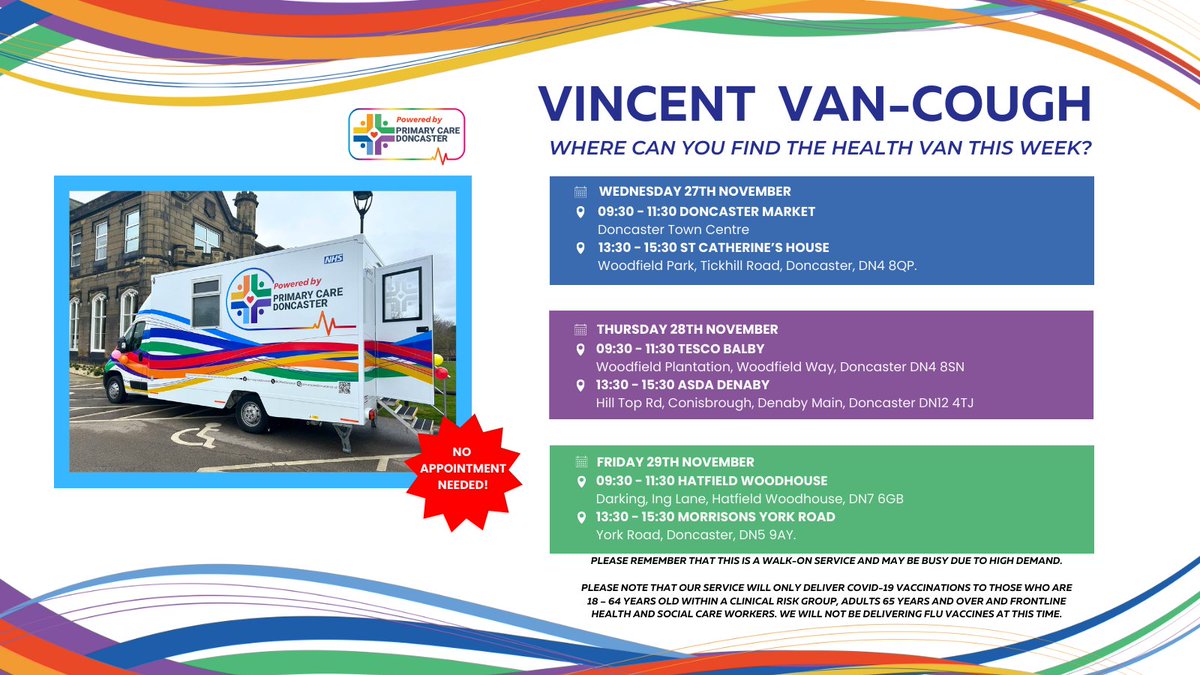 All aboard Vincent Van Cough! 🚌

Catch our colourful Health Van at the locations below this week! ⬇️

In addition to our drop-in GP clinics, those eligible will also be able to get their COVID-19 vaccinations on board.

For more info:
primarycaredoncaster.co.uk/services/vince…