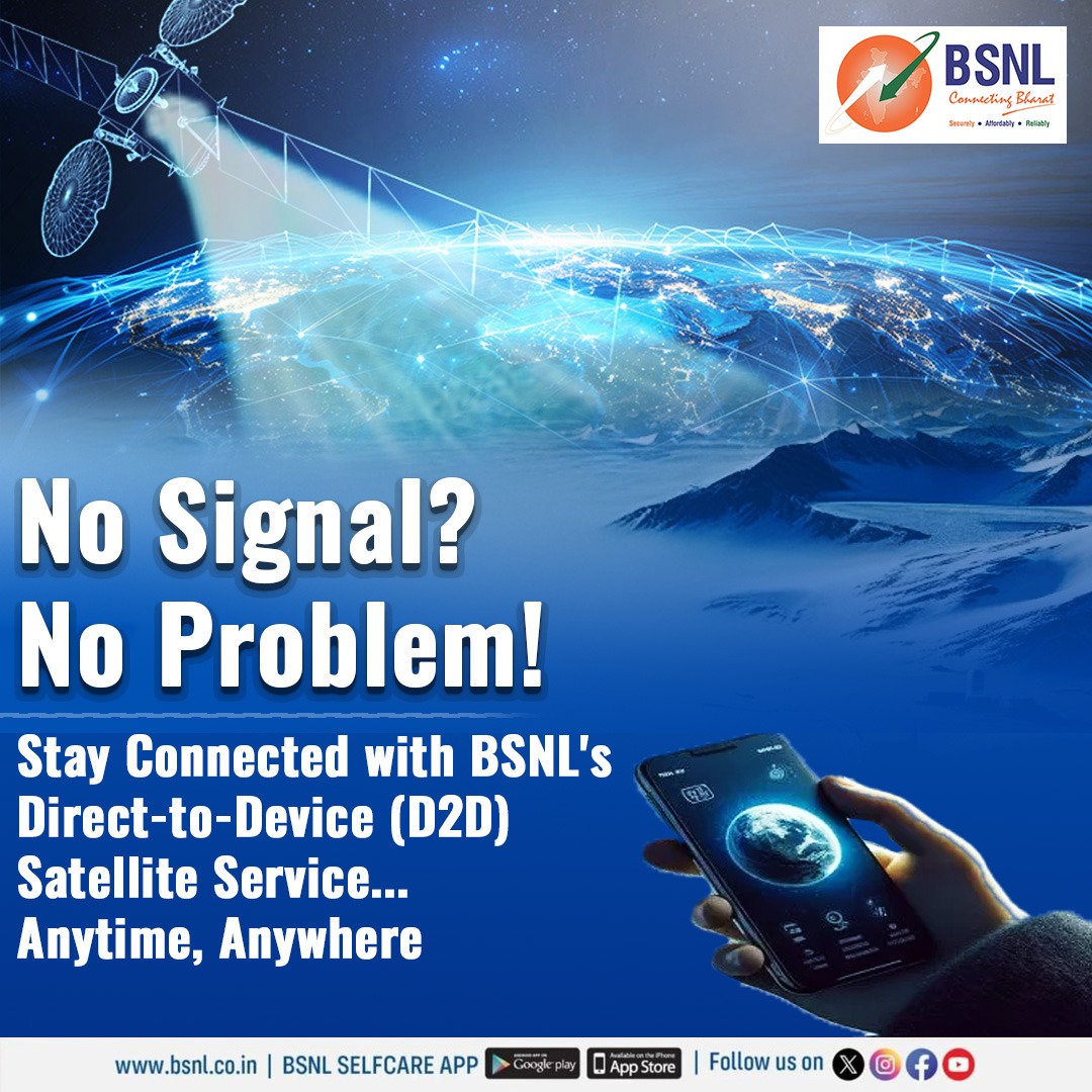 BSNLCorporate's tweet image. Experience the future of connectivity with BSNL D2D Satellite Service offers reliable, high-speed internet, even in the most remote areas. 

#BSNL #D2D #SatelliteService #StayConnected #BSNLIndia