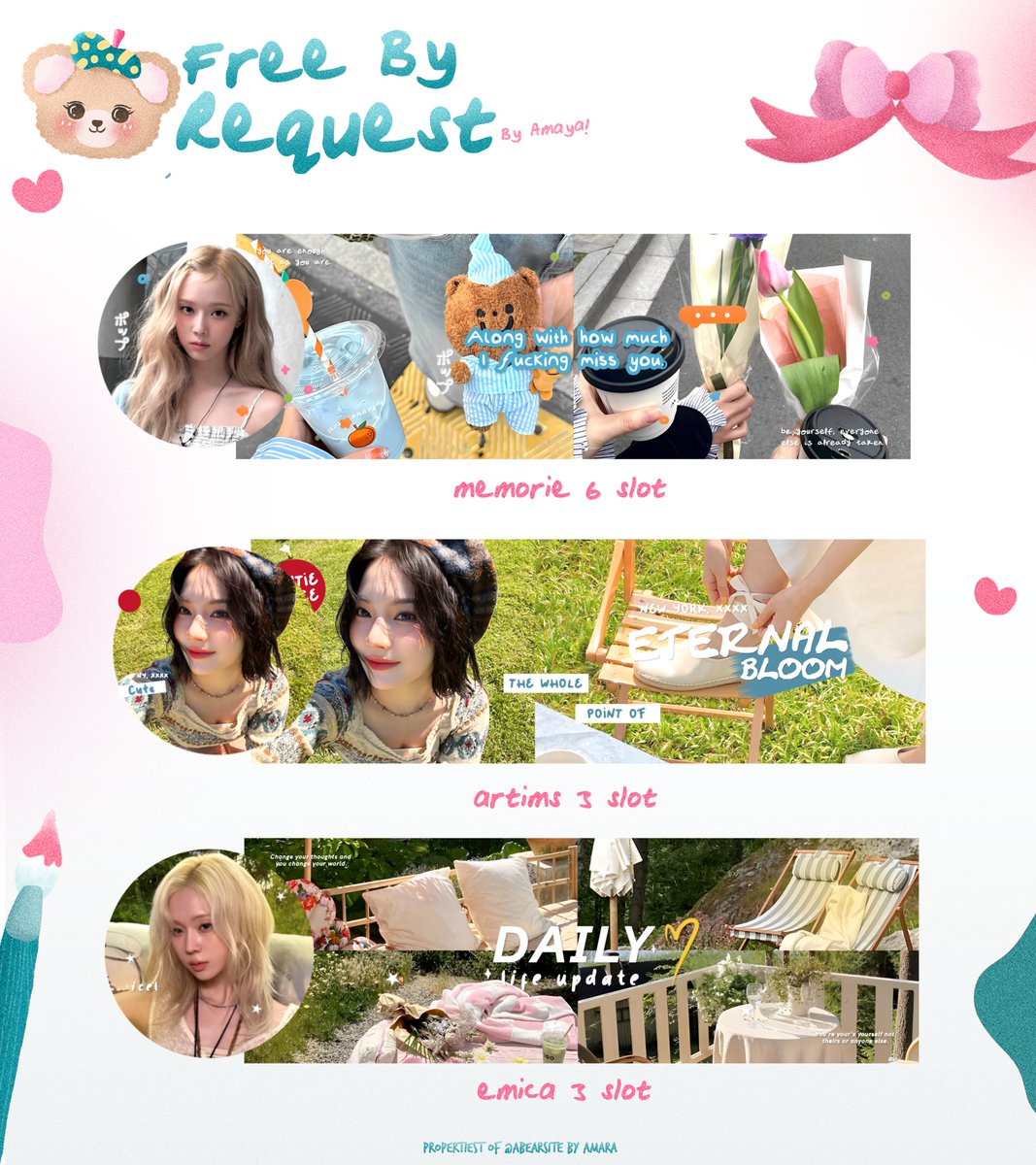 help rt? makasih. 🧸🎀

halo, aku bawa 12 FREE SLOT by request edisi "MEMORIE, ARTIMS &amp; EMICA" dalam rangka kak kaluna’s @meoswy bday #USagiDay 🎂🥳🍕💖🧜‍♀️🌹  🥳🩵🧸⚘️ 

💭 Rabu, 27 November
⏰ 19.35 wib
📝 by dm

wajib baca tnc dibawah ya! 🧸

#zonauang #zonaba