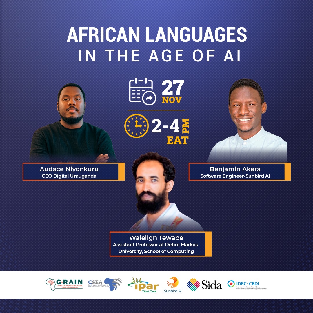 SunbirdAI (@sunbirdai) on Twitter photo 🚨TODAY 🚨
Join us for this discussion on African Languages in the Age of AI under the <a href="/GRAINetwork/">GRAIN Africa</a>.
We'll explore;
✅The current state and future potential of African languages in the era of artificial intelligence.
✅ The challenges and opportunities presented.
Our 🚨TODAY 🚨
Join us for this discussion on African Languages in the Age of AI under the <a href="/GRAINetwork/">GRAIN Africa</a>.
We'll explore;
✅The current state and future potential of African languages in the era of artificial intelligence.
✅ The challenges and opportunities presented.
Our