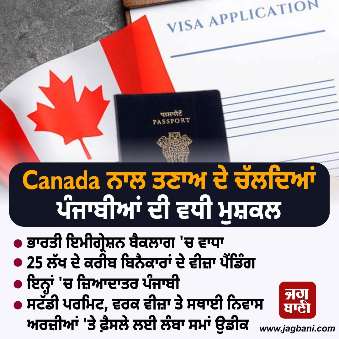 JagbaniOnline's tweet image. Canada ਨਾਲ ਤਣਾਅ ਦੇ ਚੱਲਦਿਆਂ ਪੰਜਾਬੀਆਂ ਦੀ ਵਧੀ ਮੁਸ਼ਕਲ
#Canada #ImmigrationBacklog #Indian #Punjabi #PR