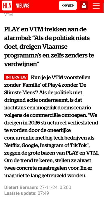 MiamiBrisbane's tweet photo. Een Tweeluik.
Een Opinie ...
#FuckSake

Het is nogal een merkwaardige vorm van zelfreflectie wanneer commerciële omroepen klagen over 'oneerlijke concurrentie' van streamingdiensten zoals Netflix. 
Fuck Sake ... Hoezo 'oneerlijk' ... 
Zowel traditionele commerciële omroepen als streamingdiensten zijn private ondernemingen die autonoom beslissen welke programma’s zij produceren, inkopen of uitzenden, en tot welk publiek zij zich richten. Hoe kan men in dit licht spreken van oneerlijkheid, wanneer beide kampen dezelfde uitgangspunten delen: winstgevendheid, marktaandeel en kijkersbinding?

De verantwoordelijkheid voor het verliezen van kijkers ligt volledig bij de commerciële omroepen zelf ... lezen jullie mee @DPGMediaBE @VTM @Play4_be? 

Neem als voorbeeld De Tafel van Gert, waarin telkens ‘bekende Vlamingen’ worden opgevoerd, [een format dat trouwens zijn houdbaarheidsdatum al lang heeft overschreden] ... Ik lees net dat gisteren, de vraag werd gesteld of een coalitie met @vlbelang problematisch is ... Zoals kon worden verwacht antwoordden alle zes gasten met ‘Ja’, een unanieme stellingname die mijlenver afstaat van de realiteit van de Vlaamse samenleving, waar deze partij significant populair is.

Wat verwacht men dan als zender ... wanneer men keer op keer een echo creëert van dezelfde voorspelbare opinies? Hoe kan men verwachten dat kijkers zich verbonden blijven voelen, wanneer zij zichzelf niet langer vertegenwoordigd zien in het discours dat op hun scherm verschijnt? 

Het probleem is niet de 'oneerlijke' concurrentie van streamingdiensten. Het probleem is dat commerciële omroepen hun eigen relevantie ondermijnen door een schrijnend gebrek aan vernieuwing in formats.

Streamingdiensten daarentegen, floreren juist omdat zij inspeelden op wat traditionele media nalieten: ze bieden keuzevrijheid, kwalitatieve inhoud en het gevoel dat de kijker serieus genomen wordt. In plaats van de schuld extern te zoeken, zouden commerciële omroepen moeten reflecteren op hun eigen tekortkomingen. 

Door kritiekloos vast te houden aan verouderde formules en een smal ideologisch kader, graven zij hun eigen graf. Als men werkelijk wil overleven in dit veranderende medialandschap, dan is introspectie en aanpassing de enige weg vooruit. Het is hoog tijd dat commerciële zenders zich herinneren waarom zij ooit relevant waren: door te begrijpen wat hun publiek werkelijk wil zien.

En ik besluit met: Fuck Sake ...
Oprecht. Fuck Off ... met jullie 'oneerlijke concurrentie'.