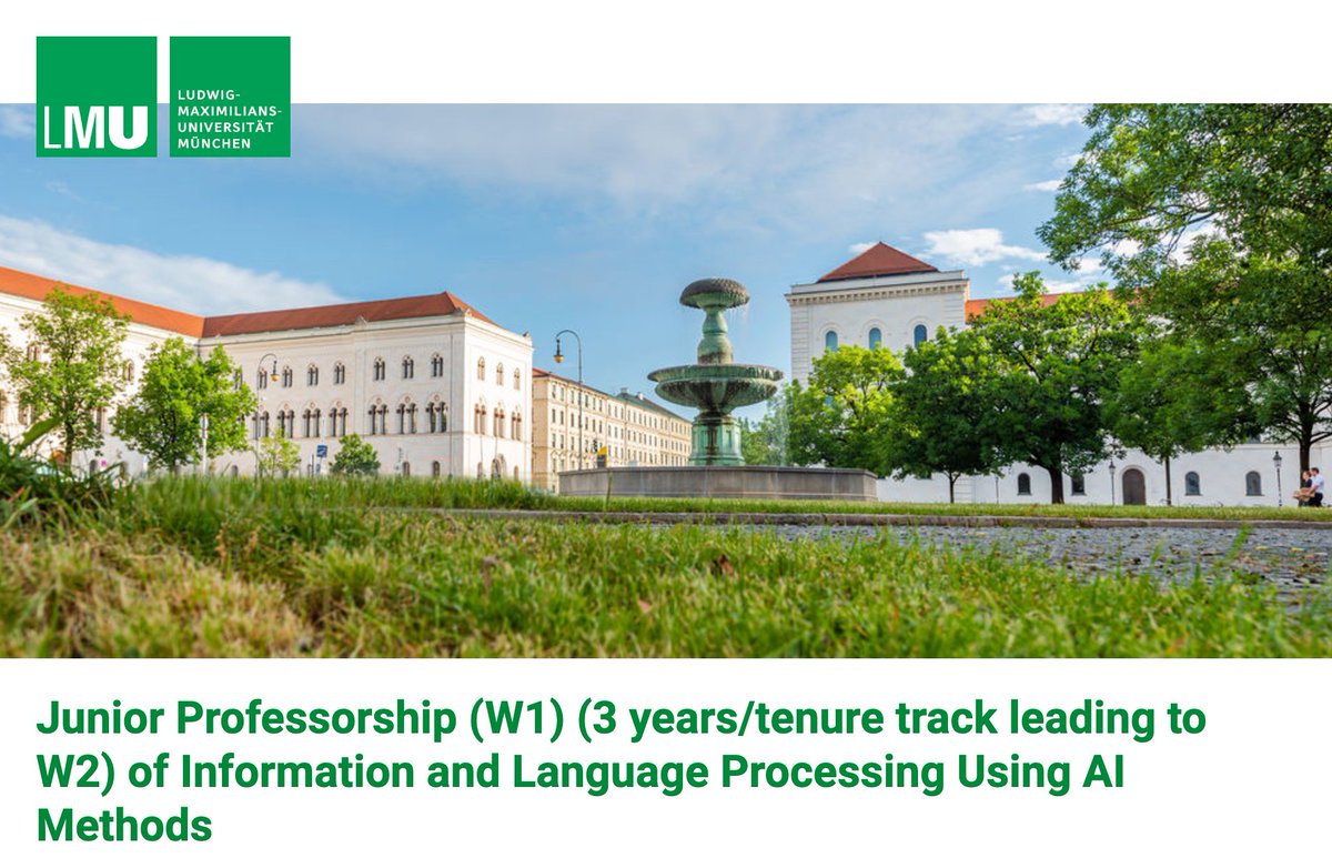 CIS, LMU Munich (@cislmu) on Twitter photo 📢 Exciting opportunity at <a href="/LMU_Muenchen/">Universität München</a>! We're hiring for a Junior Professorship (W1) in Information and Language Processing Using AI Methods
🗓️ Apply by: December 12
🔗 Details & Application: job-portal.lmu.de/jobposting/781… 📢 Exciting opportunity at <a href="/LMU_Muenchen/">Universität München</a>! We're hiring for a Junior Professorship (W1) in Information and Language Processing Using AI Methods
🗓️ Apply by: December 12
🔗 Details & Application: job-portal.lmu.de/jobposting/781…