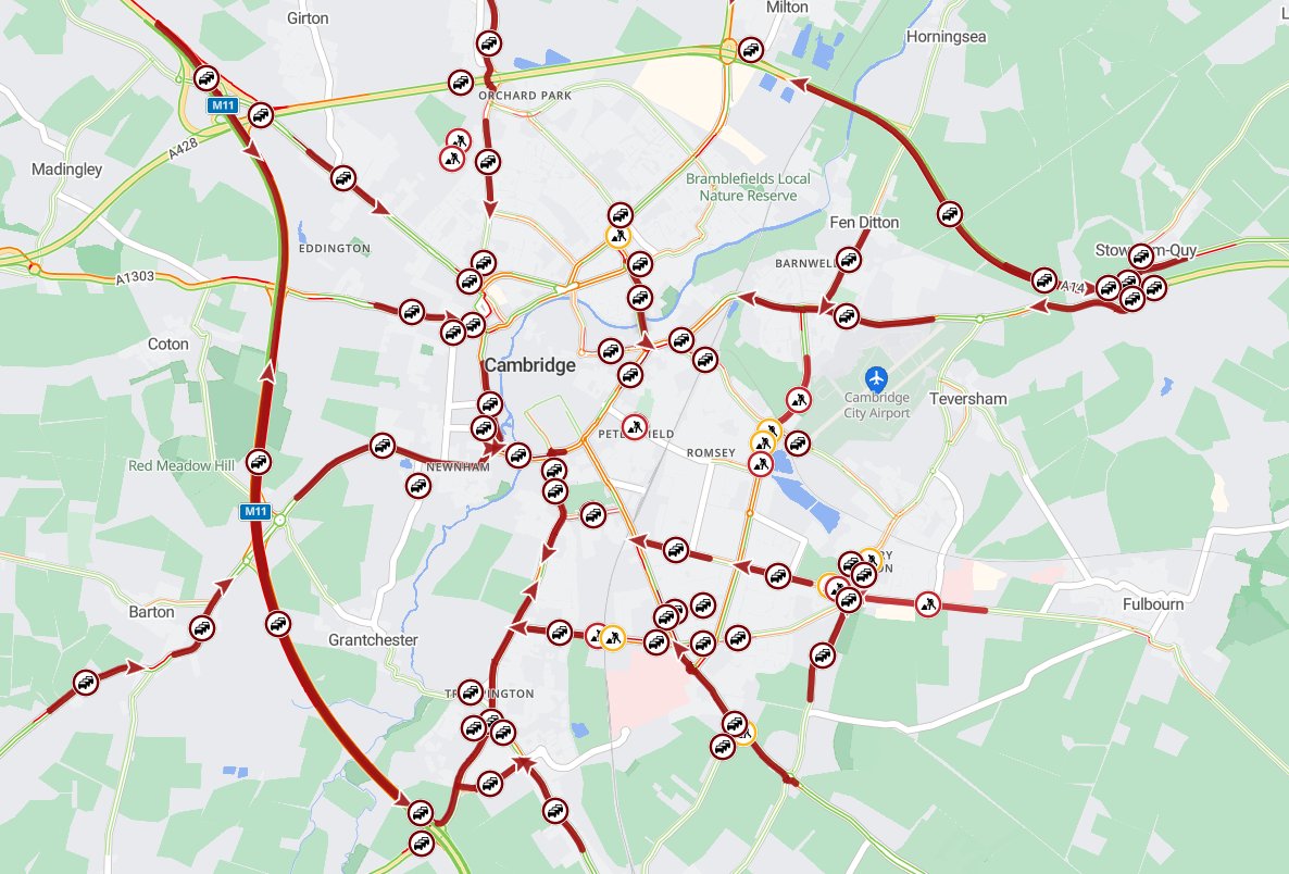 Cambs_Traffic's tweet photo. β οΈ #Cambridge
DELAYS on various routes heading into the city this morning with longer delays present on:
#A1309 #Hauxton Road #Trumpington
#A1307 #Babraham Road
#A603 #Barton Road
#A1134 Queens Road
#A1303 Newmarket Road #StowCumQuy
Please allow extra time for your journey.