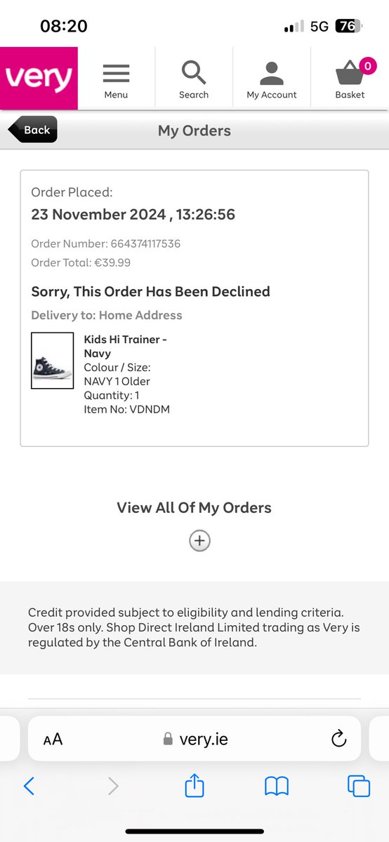 purposekidrauhl's tweet photo. @very_ireland what does this mean? I haven’t received an email confirmation or any update since I ordered this and for some reason since I ordered it has said ‘sorry this order has been declined even though the money was taken? https://t.co/2cDYzfkmW2