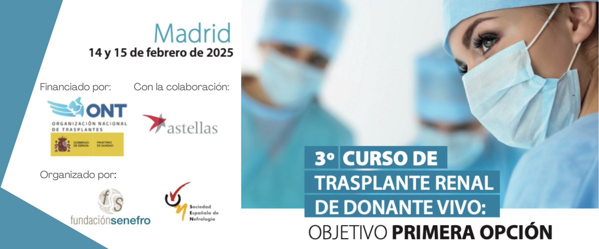 S.E.N. Nefrología (@senefrologia) on Twitter photo Abiertas inscripciones para formar parte del 3º Curso de Trasplante Renal de donante vivo #TRDV <a href="/SENTRAsplante/">SENTRAsplante</a>
📍Madrid, 14-15 febrero 2025
🧑💻senefro.org/modules.php?na…
Gracias a la financiación de <a href="/ONT_esp/">Organización Nacional de Trasplantes</a> y colaboración de <a href="/AstellasEurope/">Astellas Europe</a>
¡Apúntate hasta el 9 de diciembre! Abiertas inscripciones para formar parte del 3º Curso de Trasplante Renal de donante vivo #TRDV <a href="/SENTRAsplante/">SENTRAsplante</a>
📍Madrid, 14-15 febrero 2025
🧑💻senefro.org/modules.php?na…
Gracias a la financiación de <a href="/ONT_esp/">Organización Nacional de Trasplantes</a> y colaboración de <a href="/AstellasEurope/">Astellas Europe</a>
¡Apúntate hasta el 9 de diciembre!