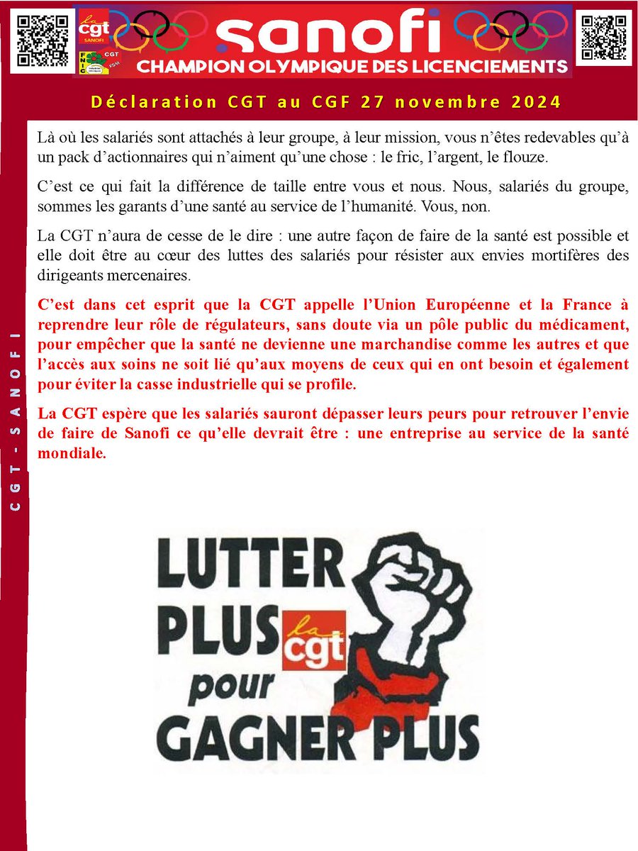 Déclaration CGT au Comité Groupe France du 27 novembre 2024. 
#Sanofi #CGTSANOFI #polepublicdumedicament