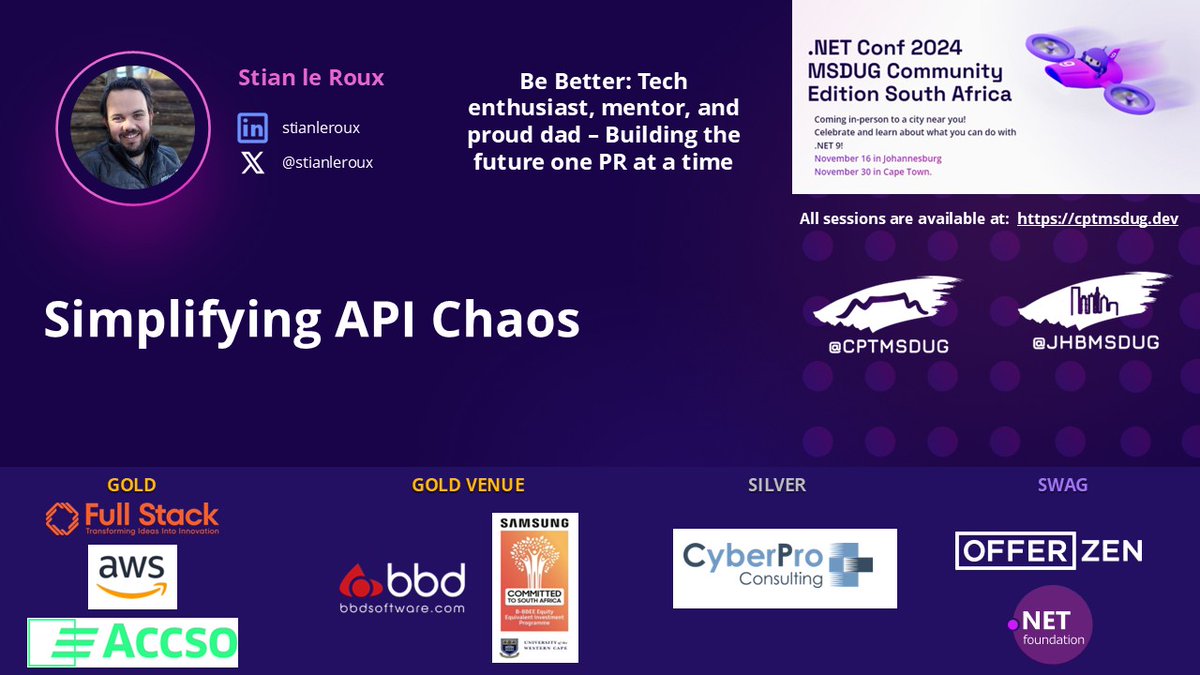 🚨Get your tickets NOW for .NET Conf 2024 MSDUG Community Edition in Cape Town!

🎉Join <a href="/stianleroux/">Stian Le Roux</a> for: Simplifying API Chaos🎉

Join us in person: 
📅 Nov 30, 2024 | More info &amp; tickets: cptmsdug.dev
quicket.co.za/events/285356-…
#dotnetconf