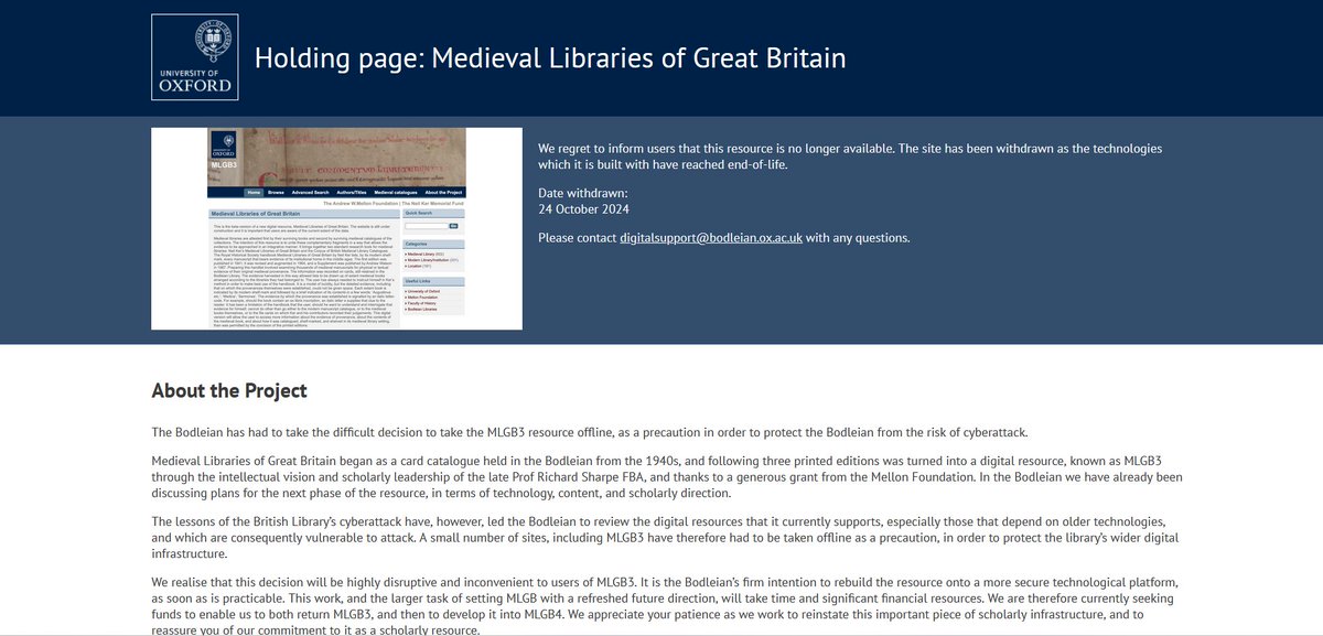 David Rundle (@drdavidrundle) on Twitter photo Bad news, good news for all manuscript scholars. That wonderful resource for provenance research, MLGB3, is still down but <a href="/bodleianlibs/">Bodleian Libraries</a> has updated the text. There is now a statement of 'firm intention to rebuild the resource' and to develop MLGB4. Thank you,
@richove Bad news, good news for all manuscript scholars. That wonderful resource for provenance research, MLGB3, is still down but <a href="/bodleianlibs/">Bodleian Libraries</a> has updated the text. There is now a statement of 'firm intention to rebuild the resource' and to develop MLGB4. Thank you,
@richove